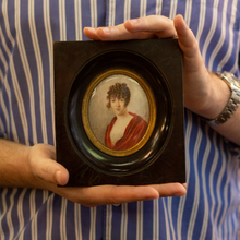 Load image into Gallery viewer, English C.1810 Miniature Painting of a Young Woman in Empire Style Dress in Original Dark Timber Frame
