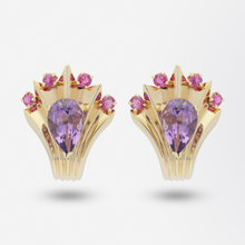 Load image into Gallery viewer, Retro Period 14kt Gold, Ruby and Amethyst &#39;Peacock&#39; Earrings