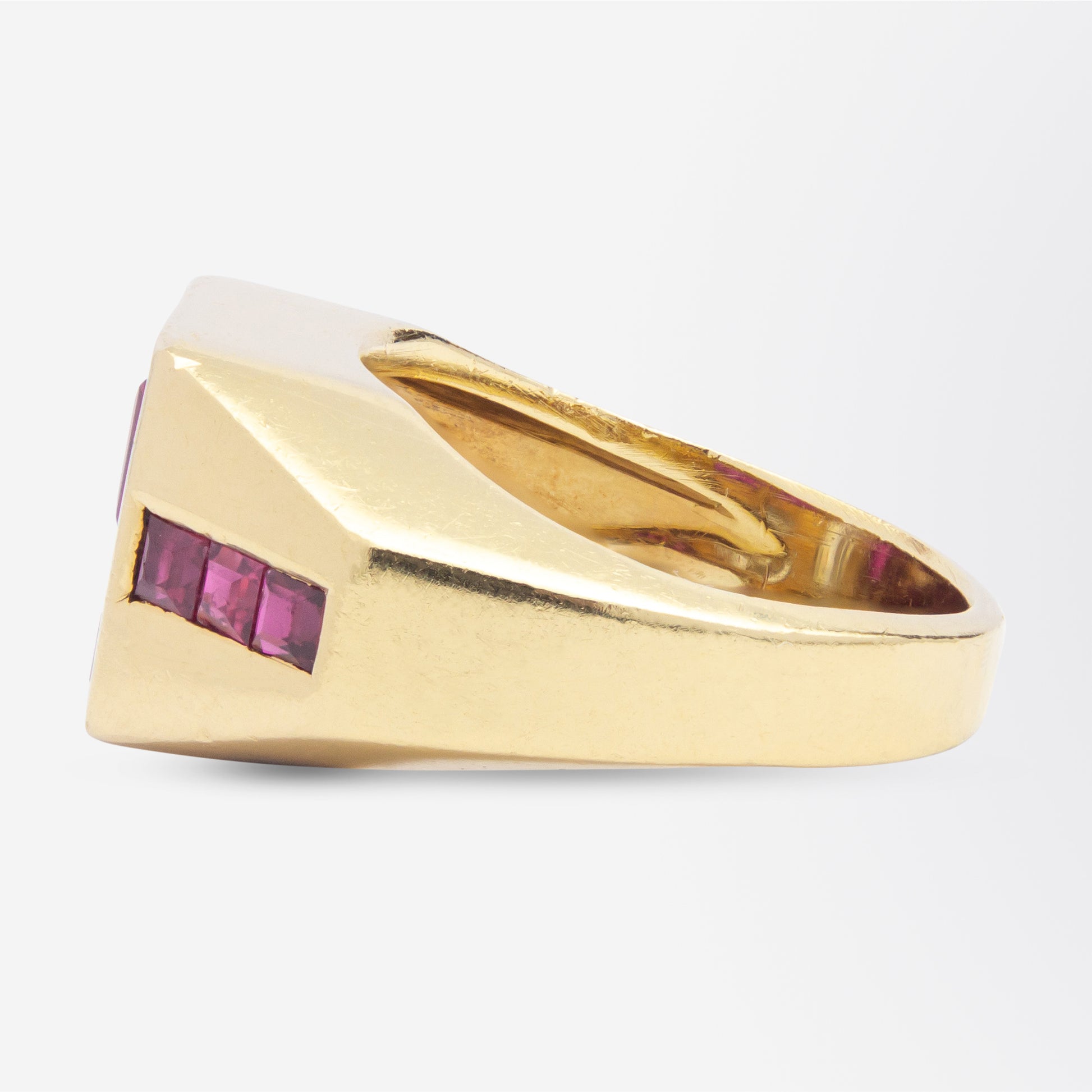 Bague géométrique artisanale en or 18 carats, rubis et diamants