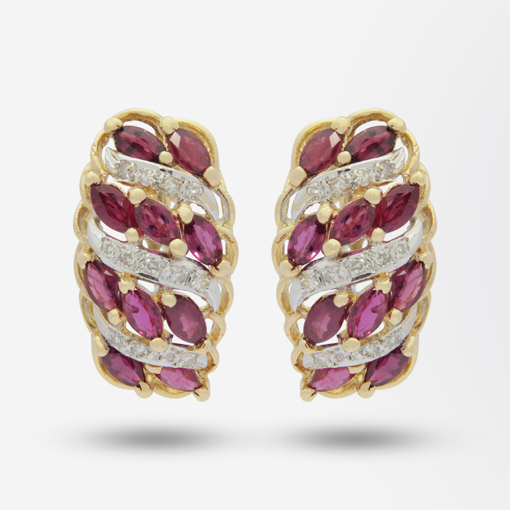 Boucles d'oreilles cocktail rétro en or 14 carats, rubis et diamants