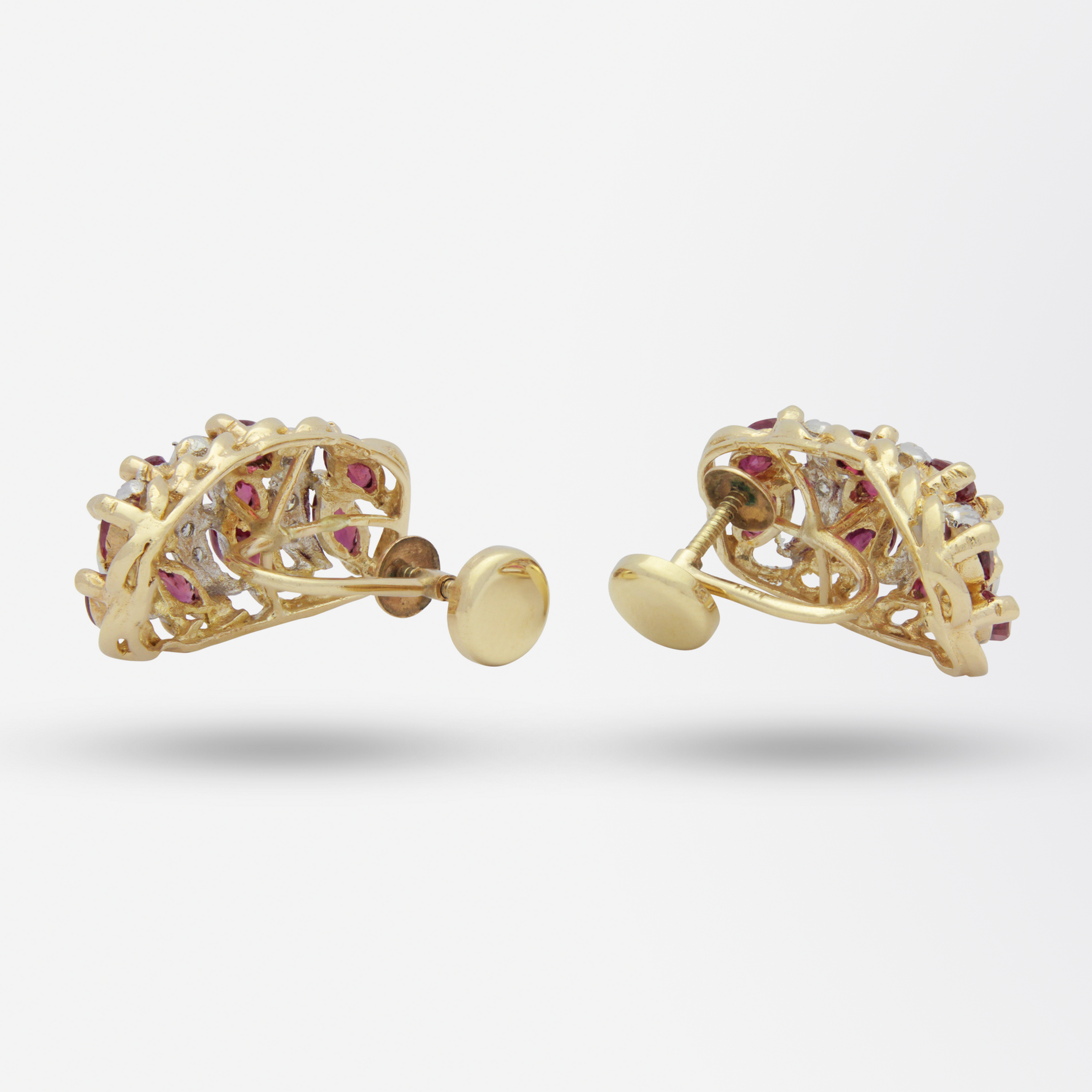 Boucles d'oreilles cocktail rétro en or 14 carats, rubis et diamants