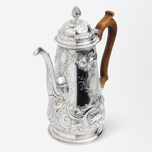 George III Era Sterling Silver Coffee Pot with Timber Handle