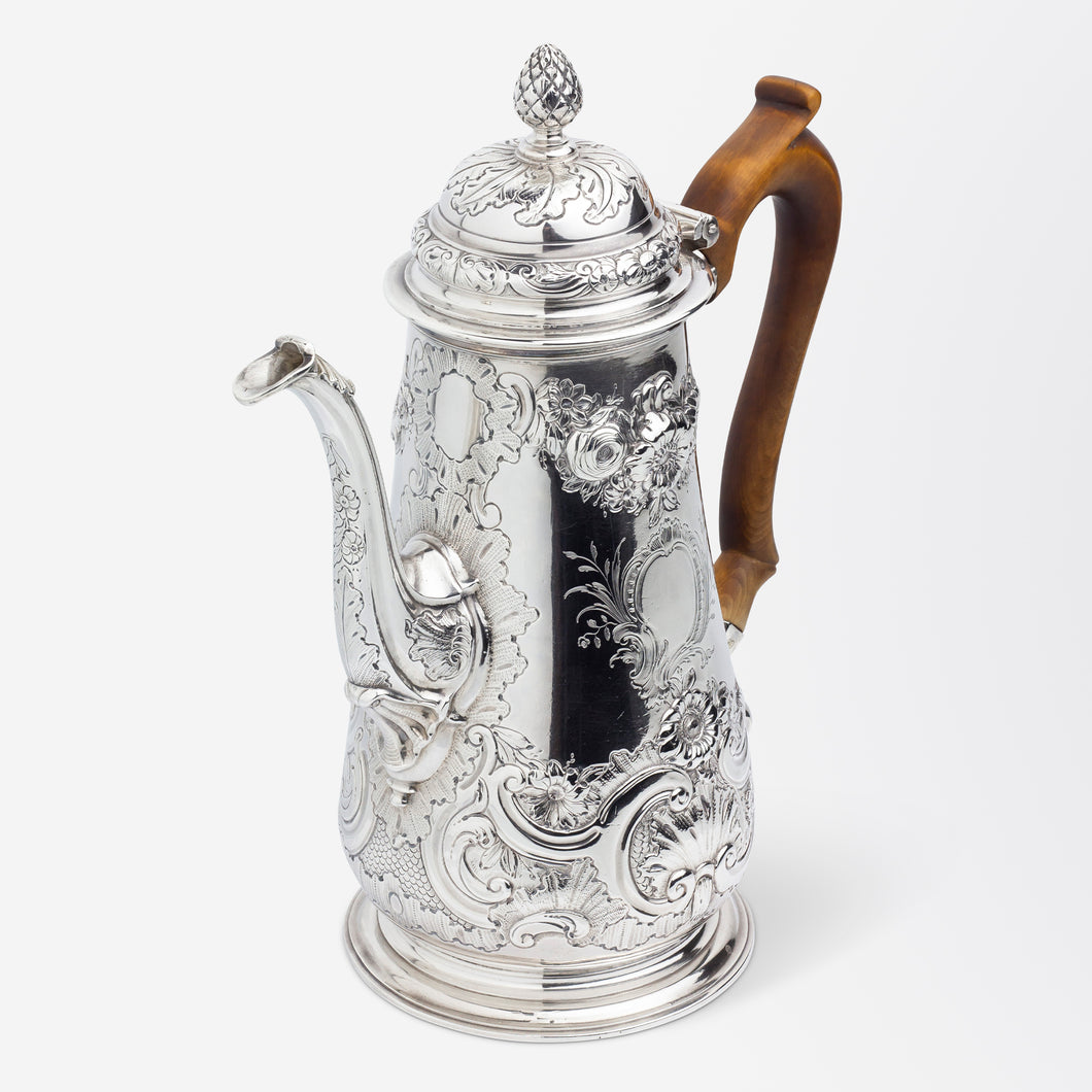 George III Era Sterling Silver Coffee Pot with Timber Handle