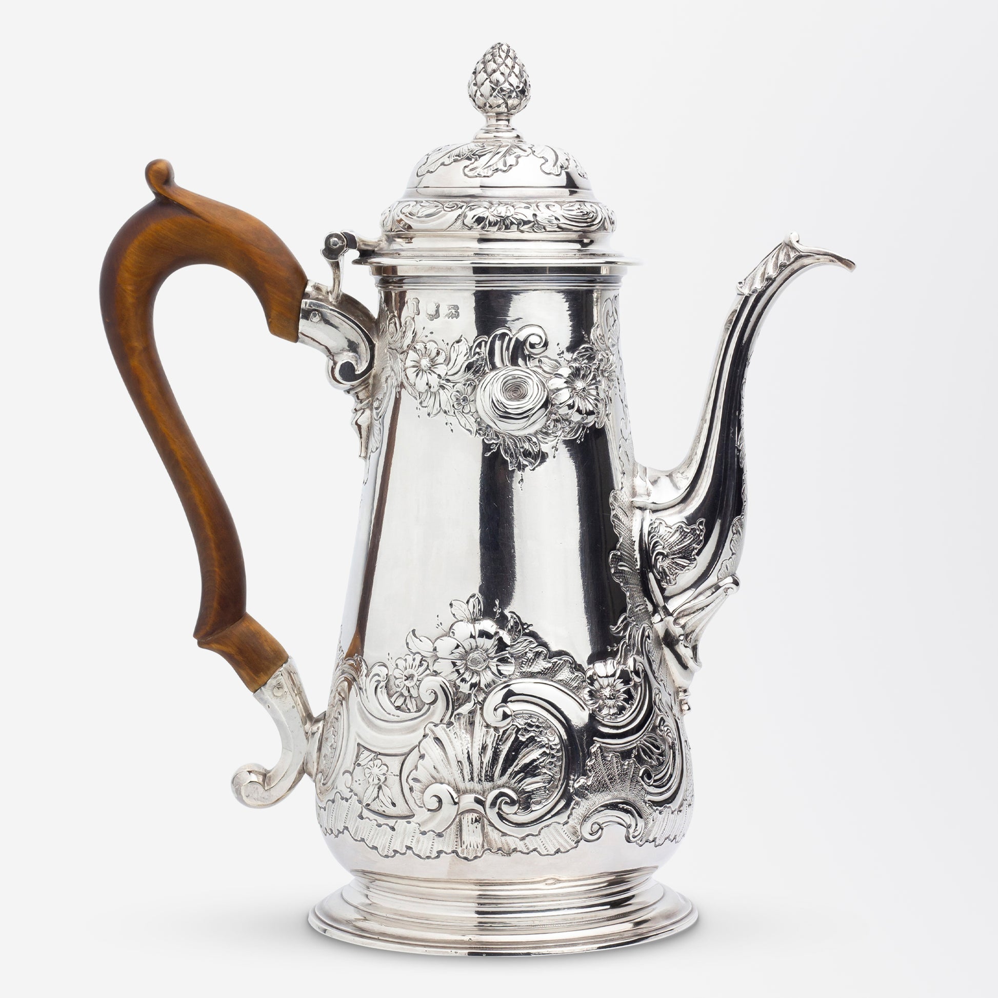 George III Era Sterling Silver Coffee Pot with Timber Handle