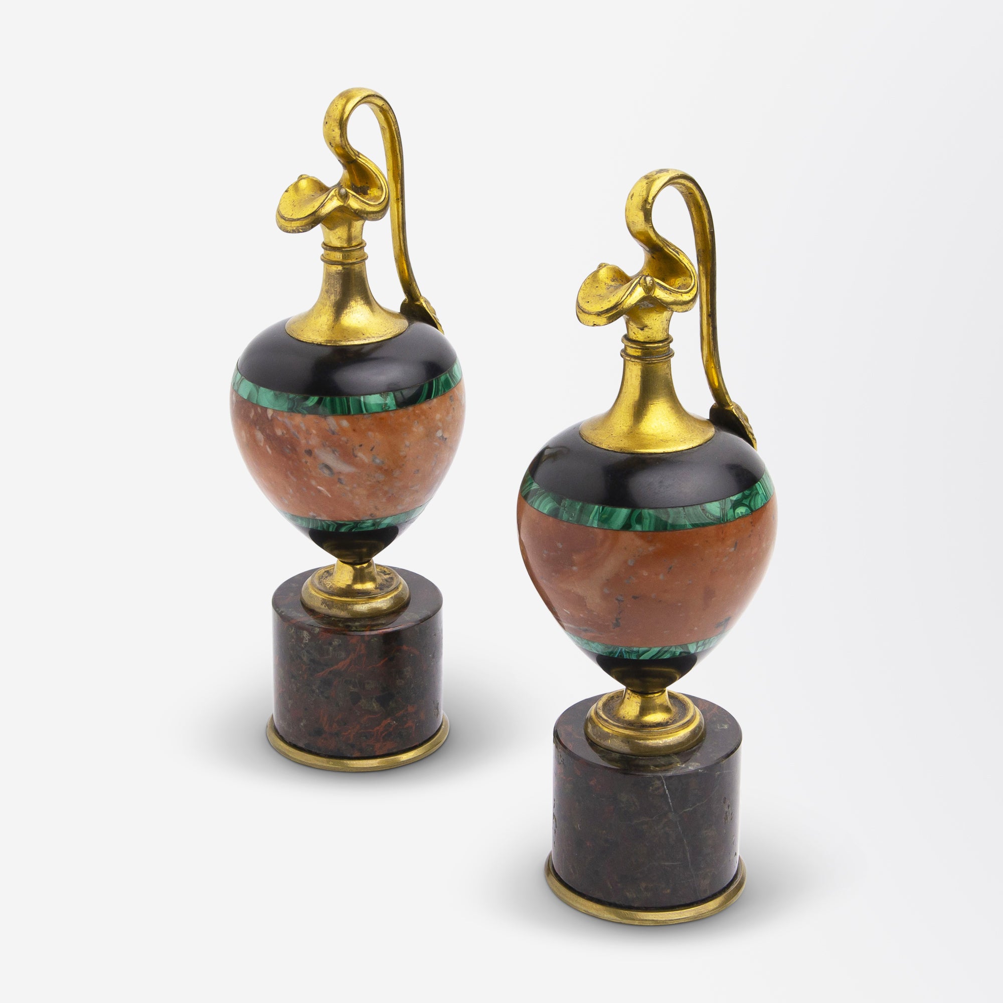 Pair of Ormolu, Onyx, Malachite & Hardstone 'Oinochoe' Ewers, Circa 1870