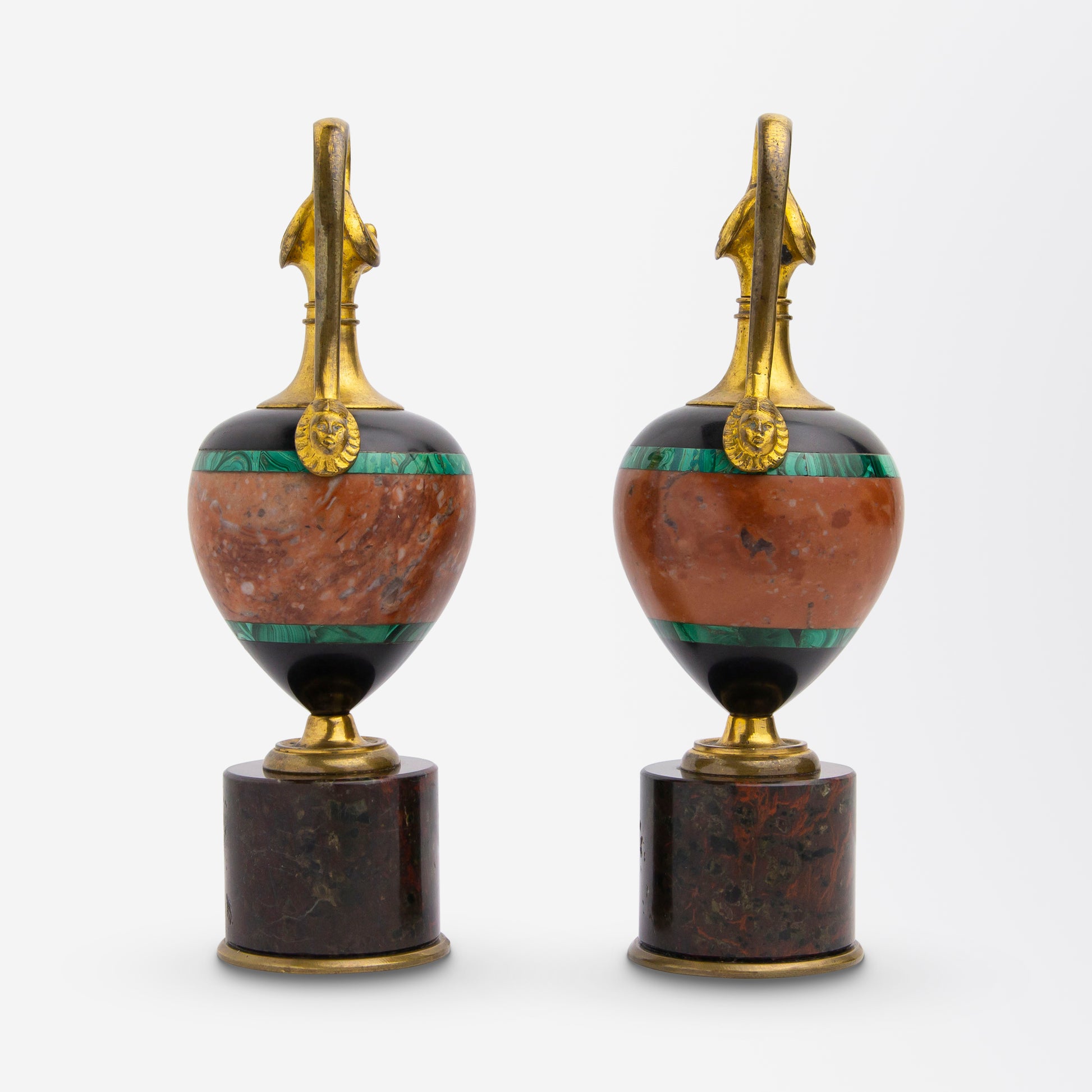Pair of Ormolu, Onyx, Malachite & Hardstone 'Oinochoe' Ewers, Circa 1870