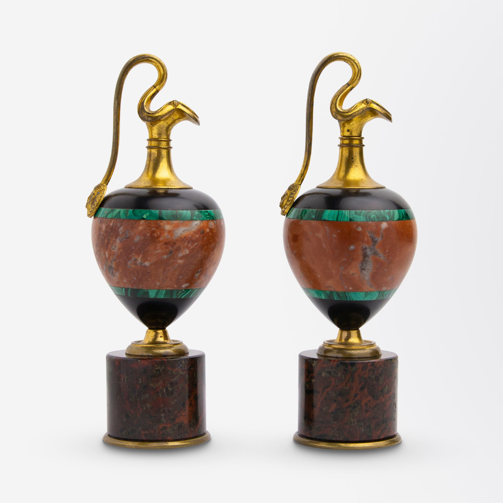 Pair of Ormolu, Onyx, Malachite & Hardstone 'Oinochoe' Ewers, Circa 1870