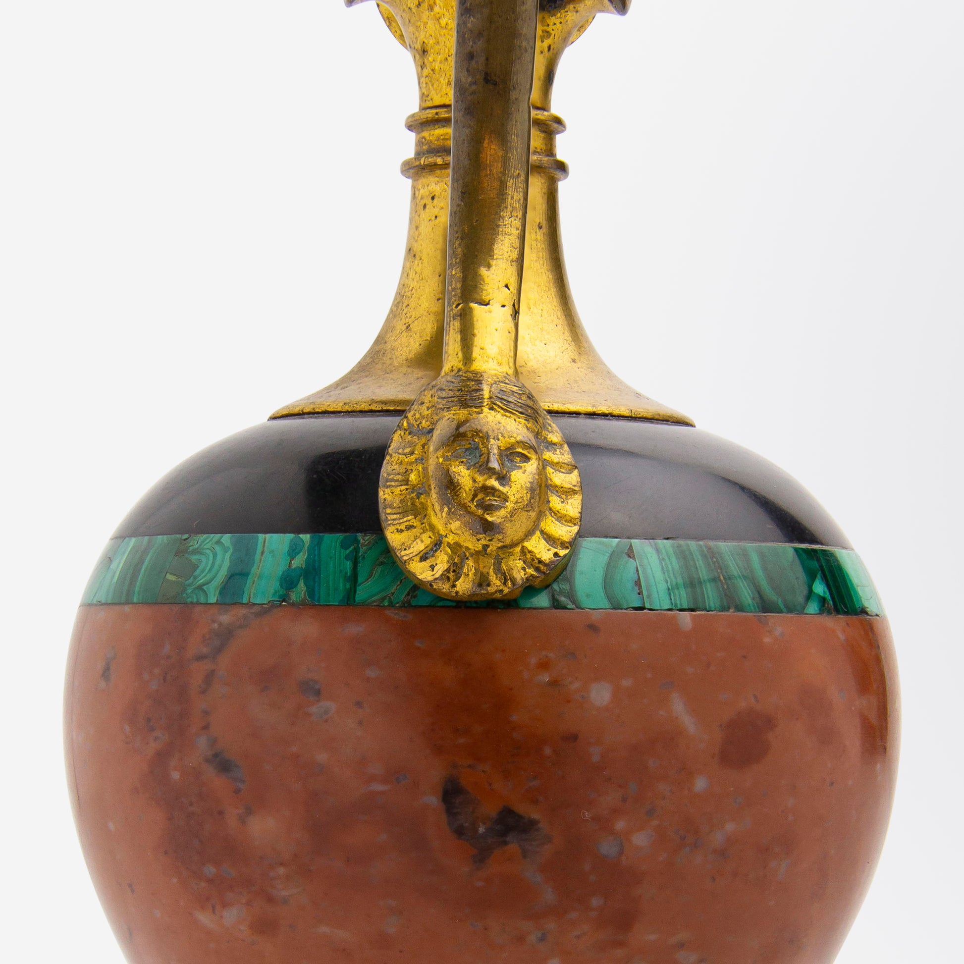 Pair of Ormolu, Onyx, Malachite & Hardstone 'Oinochoe' Ewers, Circa 1870