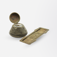 Load image into Gallery viewer, Tiffany Studios Bronze Inkwell and Pen Tray in The American Indian Pattern
