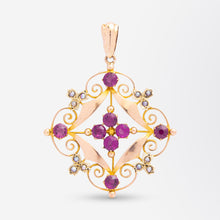 Load image into Gallery viewer, Art Nouveau, 9kt Yellow Gold, Pink Tourmaline &amp; Seed Pearl Pendant
