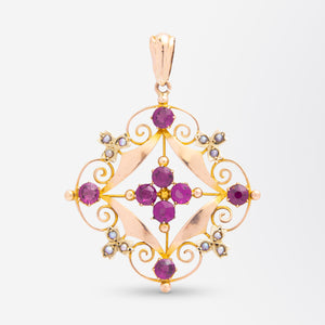 Art Nouveau, 9kt Yellow Gold, Pink Tourmaline & Seed Pearl Pendant