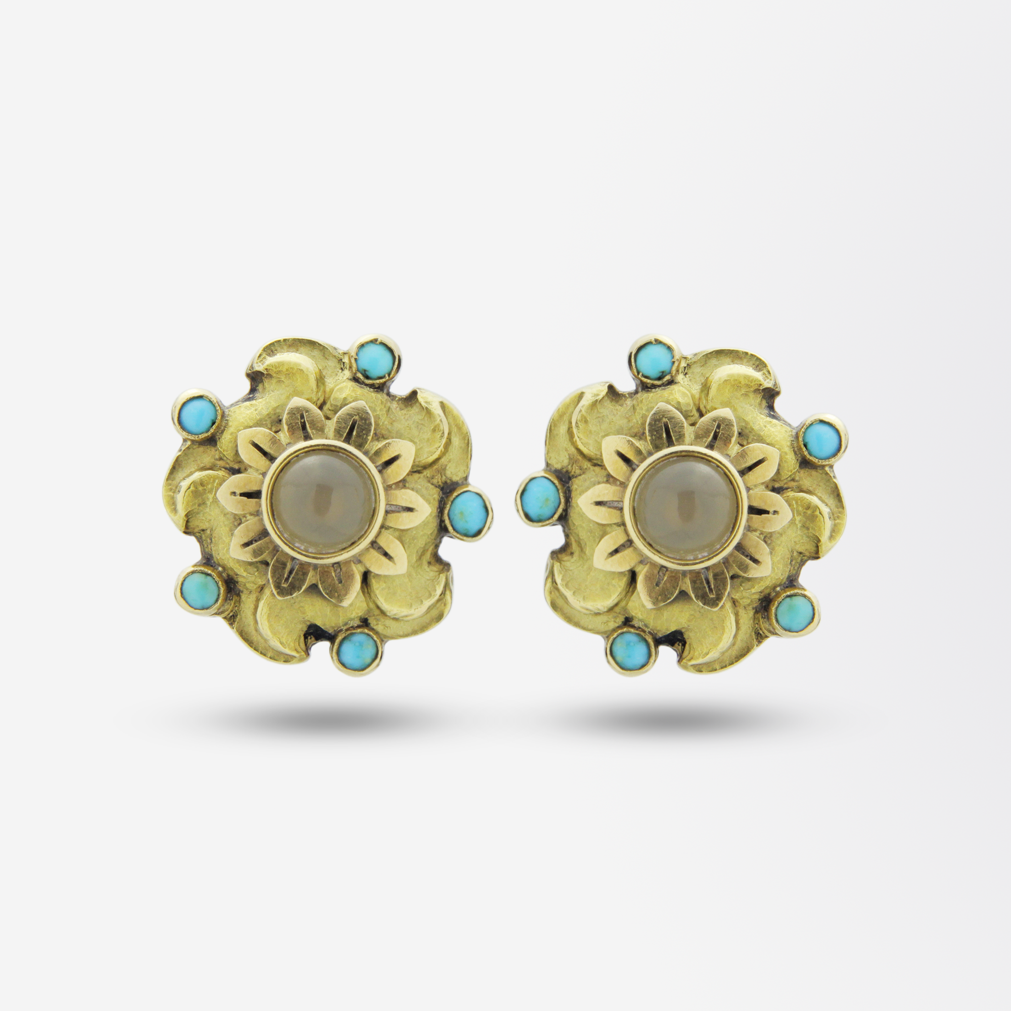 Paire de boucles d'oreilles puces en or 18 carats, agate et turquoise