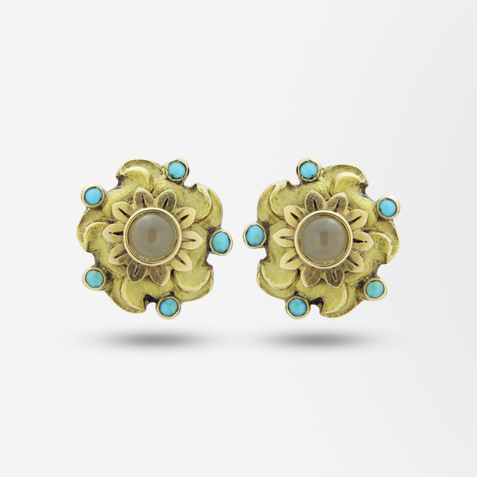 Paire de boucles d'oreilles puces en or 18 carats, agate et turquoise