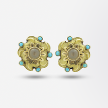 Load image into Gallery viewer, Pair of 18kt Gold, Agate, and Turquoise Stud Earrings