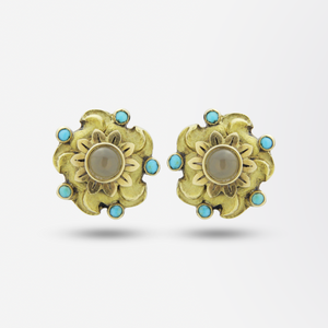 Pair of 18kt Gold, Agate, and Turquoise Stud Earrings