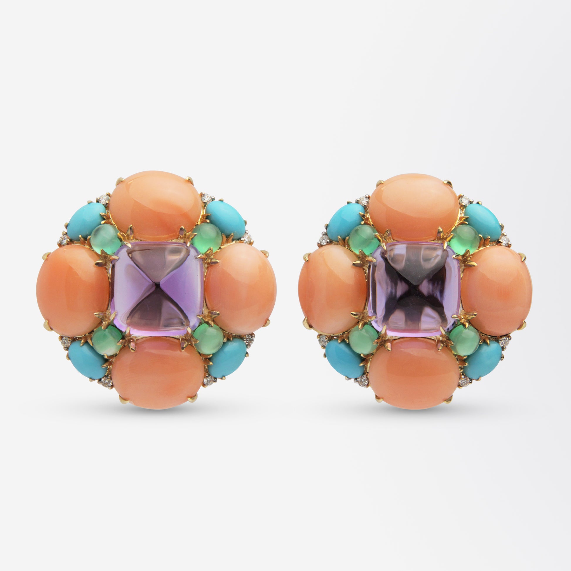 Clips d'oreilles audacieux Sugarloaf en améthyste, corail, diamant, turquoise et agate verte