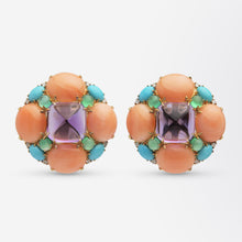 Load image into Gallery viewer, Bold Sugarloaf Amethyst, Coral, Diamond, Turquoise &amp; Green Agate Ear Clips