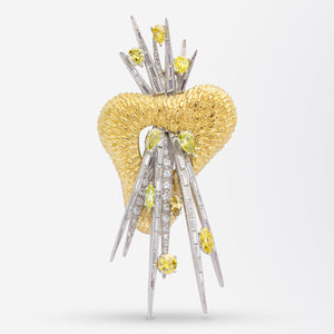 18kt White & Yellow Gold Spray Brooch With White & Yellow Diamonds
