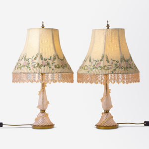 Italian Pair of Venetian Glass Lamp Bases with Complimentary Shades