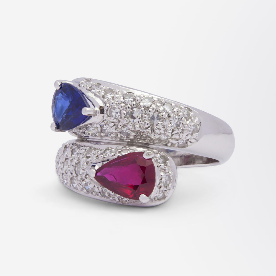 18kt White Gold, Diamond, Ruby, and Sapphire Bypass Ring