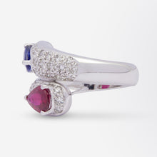Load image into Gallery viewer, 18kt White Gold, Diamond, Ruby, and Sapphire Bypass Ring