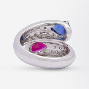 18kt White Gold, Diamond, Ruby, and Sapphire Bypass Ring